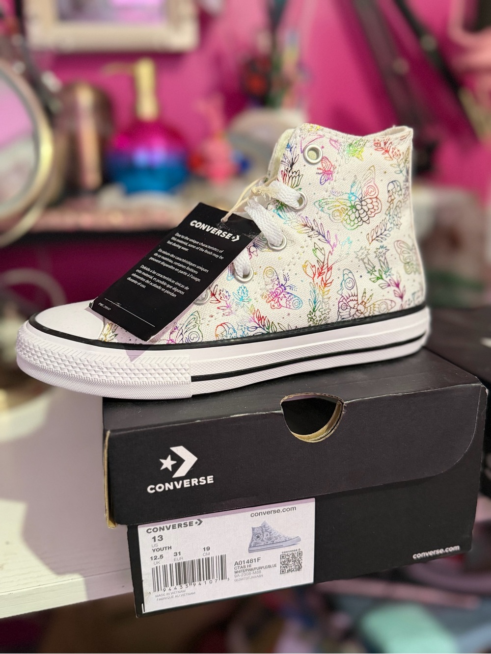 Converse White High-Top Sneakers with Multicolor Rainbow Floral Butterfly Doodle